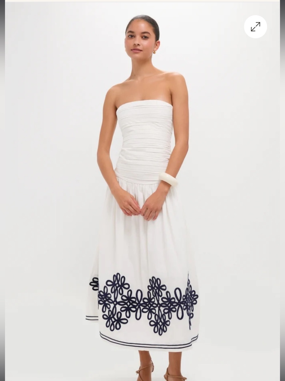 Strapless White Maxi Dress with Navy Floral Hem Embroidery